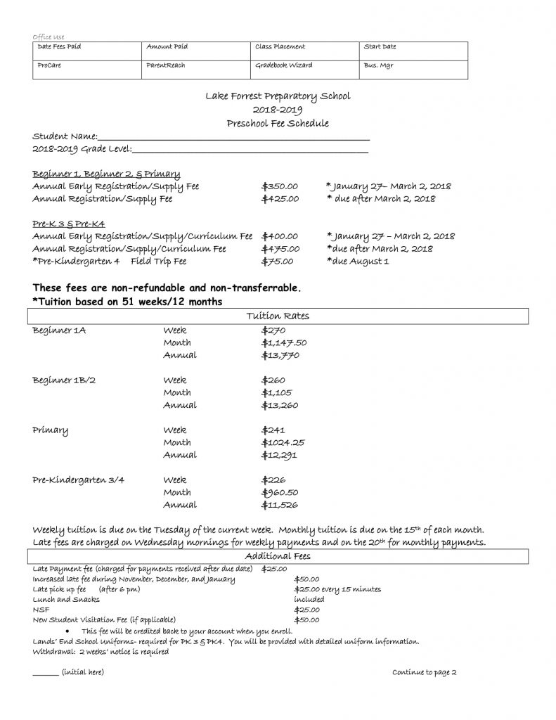 2018-2019 Preschool Fee Schedule (1)-1 | Lake Forrest Prep